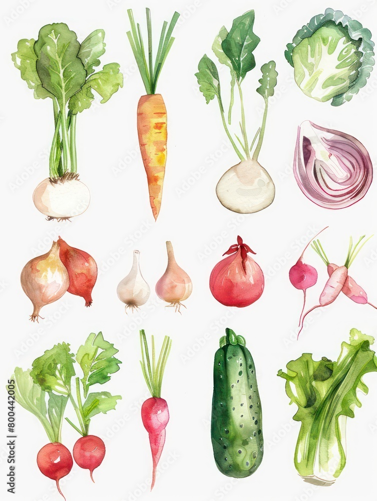 vegetables watercolored illustration set isolated on a white background vegetables watercolored illustration set isolated on a white background