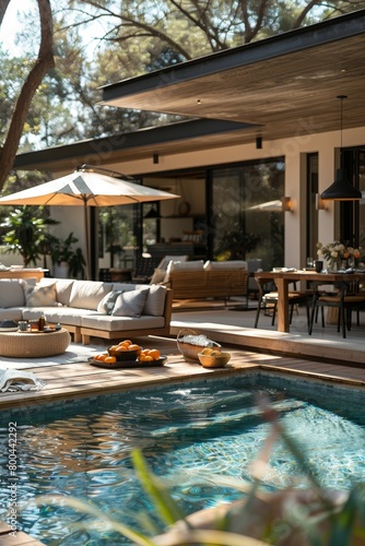 Family revels in a garden party at a contemporary retreat with aquatic touches  light furniture  and soothing ambiance. 