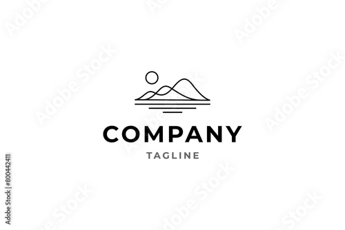 mountains hill logo with lake in simple linear design style