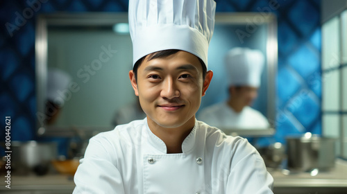 Asian male chef in white uniform