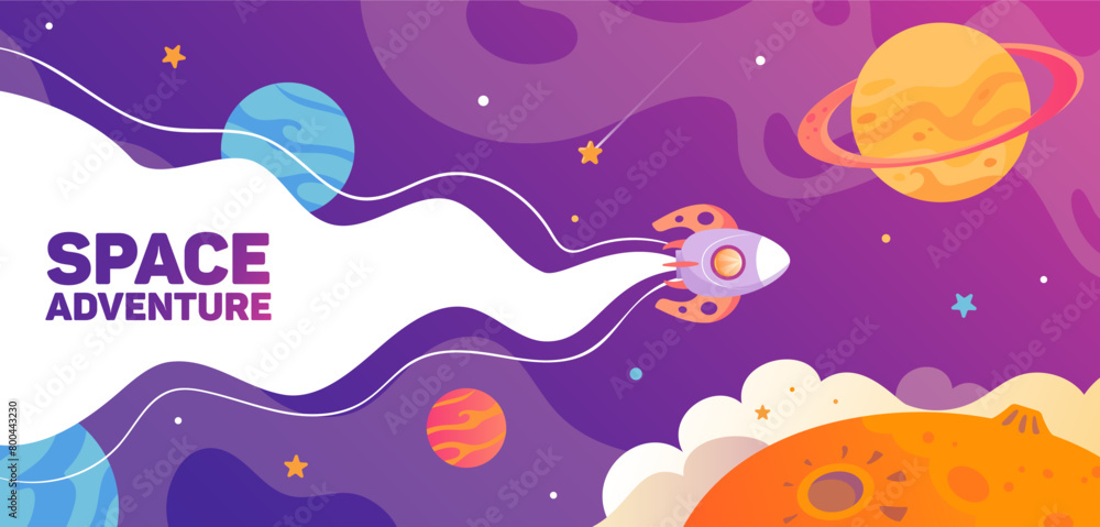 Galactic dreams. Template horizontal banner, universe. Space trip. A rocket flying among planets and stars. Space landscape, shuttle, UFO, future. For posters, postcards, design elements.