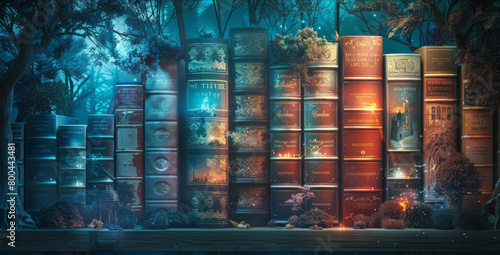 Illuminated library scene, books on shelves come alive with scenes of their narratives photo