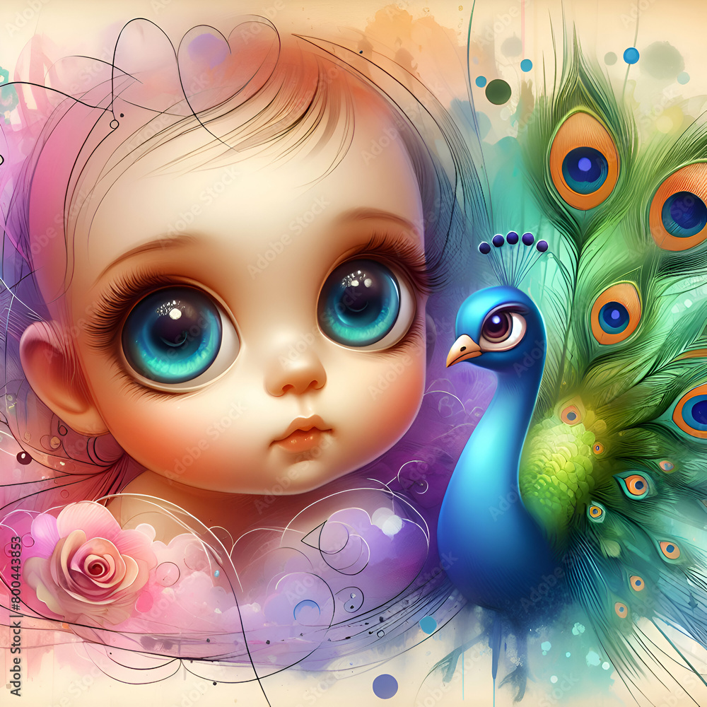 Fototapeta premium Abstract Baby Girl and Peacock: Digital Artistic Delight