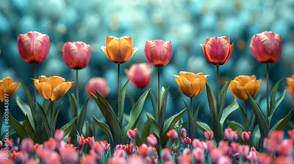 Fototapeta premium Vibrant Field of Pink and Yellow Tulips in Serene Spring Setting