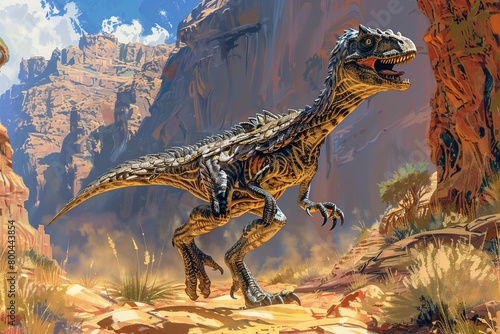 Witness the awe-inspiring sight of a Velociraptor adorned in customized armor, showcasing its intelligence as it navigates the dense foliage of a primeval forest, a scene blending prehistoric power 