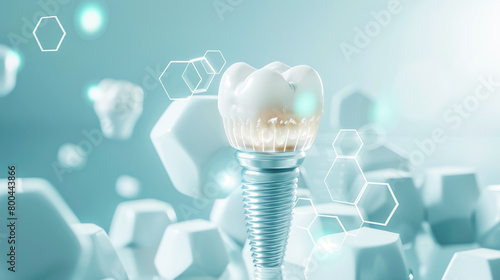 Digital dental implant surrounded by glowing hexagons symbolizing advanced innovative technologies in dentistry and medicine, blue background. Concept of dental treatment and prosthetics, implantology photo