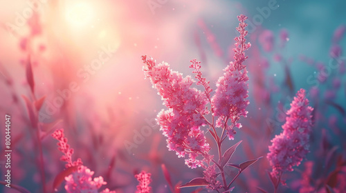 A field of pink flowers with a bright sun shining on them