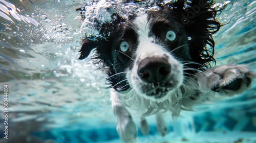 Black and white border collie swimming underwater