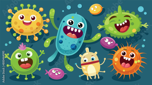 Bacteria, microbes, germs, viruses, cartoon characters in various positions and attitudes-