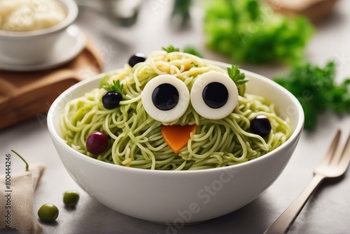 'fun food kids cute smiling face green spaghetti monster served white bowl eyes made cheese olives healthy vegetarian eating children cooking creative vegetable pasta sauce peas pesto halloween' photo