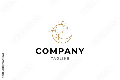 crescent moon line art logo design with plant combination