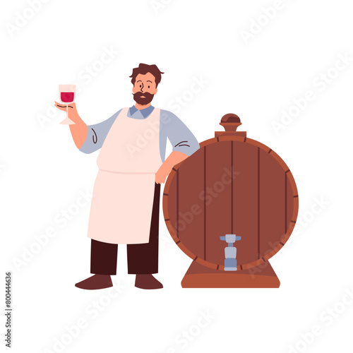 Wine maker standing wearing apron holding a glass of red wine near the wooden barrel vector flat illustration, sommelier