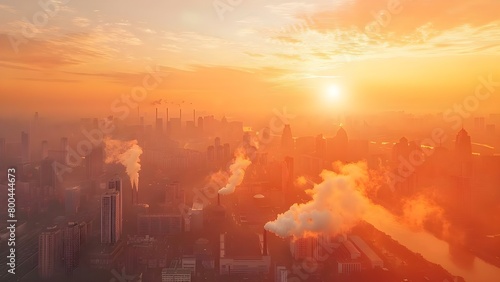 City skyline with factories emitting smoke symbolizing urban sprawl and pollution. Concept Urban Development  Environmental Impact  Industrial Pollution  Cityscape  Factories
