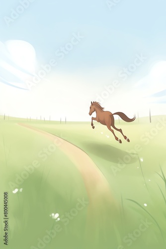 A digital painting of a horse running through a grassy field. The horse is brown with a long flowing mane and tail and is jumping over a small stream. photo