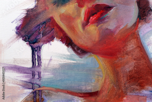 Canvas Print Ritratto originale tradizionale realistico e astratto ad olio su tela di donna con occhi chiusi con colori sul blu e viola, intorno a lei il tempo passa veloce e ha memoria dei ricordi e del passato