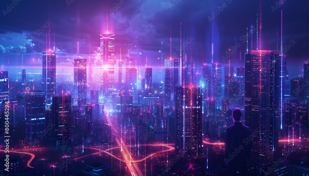 Digital Help Desk Hub, bustling digital hub resembling a futuristic cityscape, with skyscrapers representing various support functions like ticketing, knowledge base, live chat, 