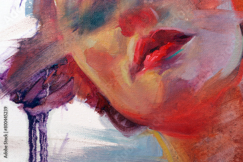 Photos Ritratto originale tradizionale realistico e astratto ad olio su tela di donna con occhi chiusi con colori sul blu e viola, intorno a lei il tempo passa veloce e ha memoria dei ricordi e del passato