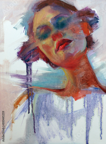 Photos Ritratto originale tradizionale realistico e astratto ad olio su tela di donna con occhi chiusi con colori sul blu e viola, intorno a lei il tempo passa veloce e ha memoria dei ricordi e del passato