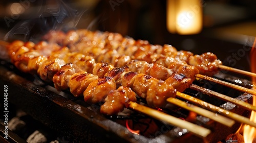 Sizzling yakitori skewers on a grill