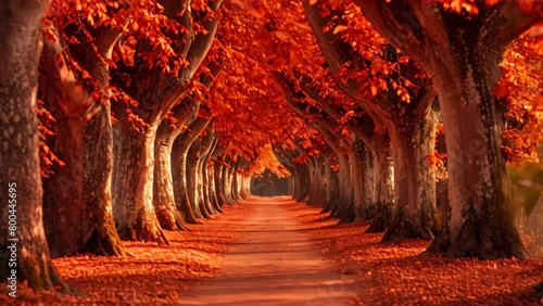 A stunning scene of a dirt road covered in fall leaves, with trees displaying vibrant autumn colors, A beautiful alley overlooked by old poplar trees bathed in oranges and reds photo