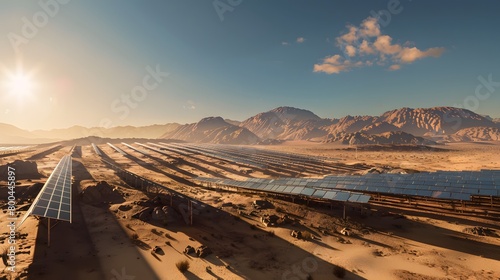 Solar panels harnessing sunlight amid a vast desert landscape