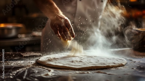 Sprinkling flour on pizza dough in a warm bustling kitchen