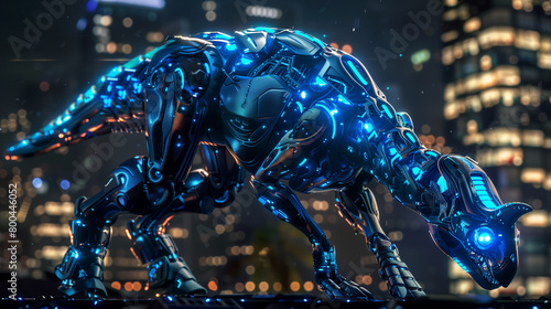 Robotic Dinosaur Guards City at Night
