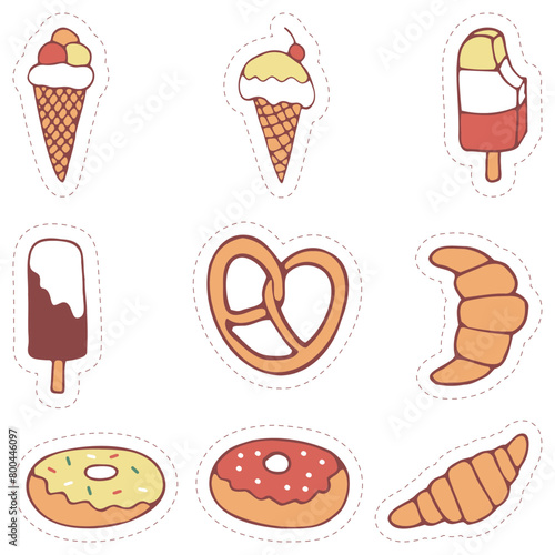 Stickers set of food, dessert, croissant, sweets, cookies, ice cream. Hand drawn vector colorful doodles in flat style.