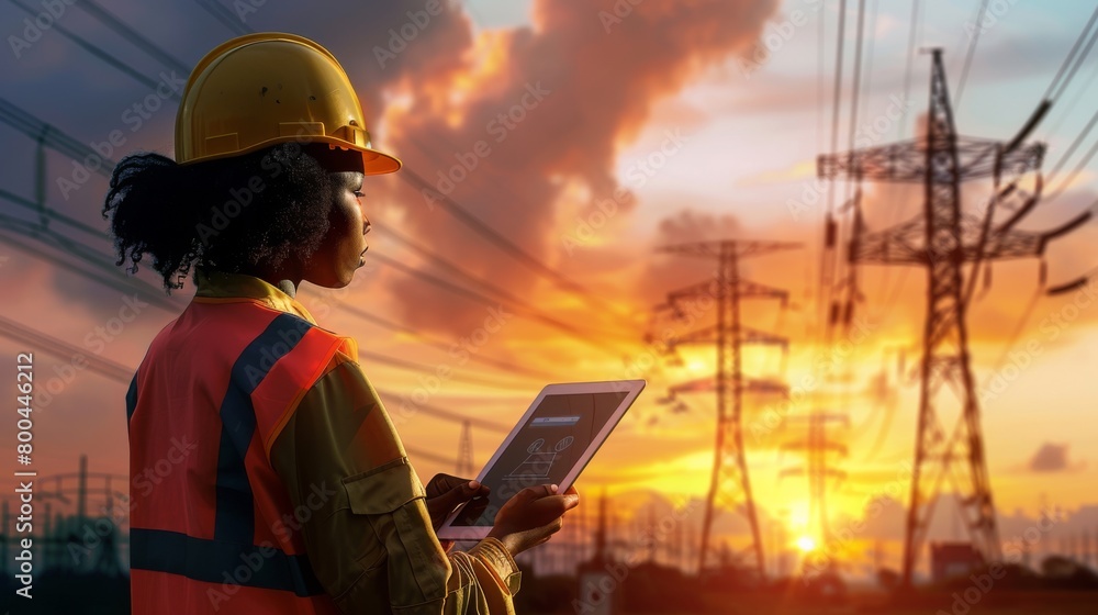 Engineer Inspecting Power Lines at Sunset Engineer Inspecting Power Lines at Sunset