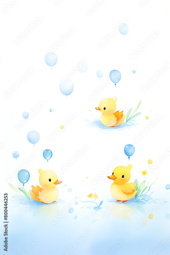 Three cute yellow rubber ducks are floating in a pond. The ducks are all wearing party hats and have different colored balloons tied to their necks. Three cute yellow rubber ducks are floating in a pond. The ducks are all wearing party hats and have different colored balloons tied to their necks.