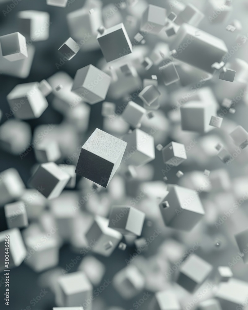 Metal cubes in monochrome photography, flying in symmetrical pattern Metal cubes in monochrome photography, flying in symmetrical pattern