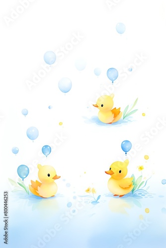 Three cute yellow rubber ducks are floating in a pond. The ducks are all wearing party hats and have different colored balloons tied to their necks.