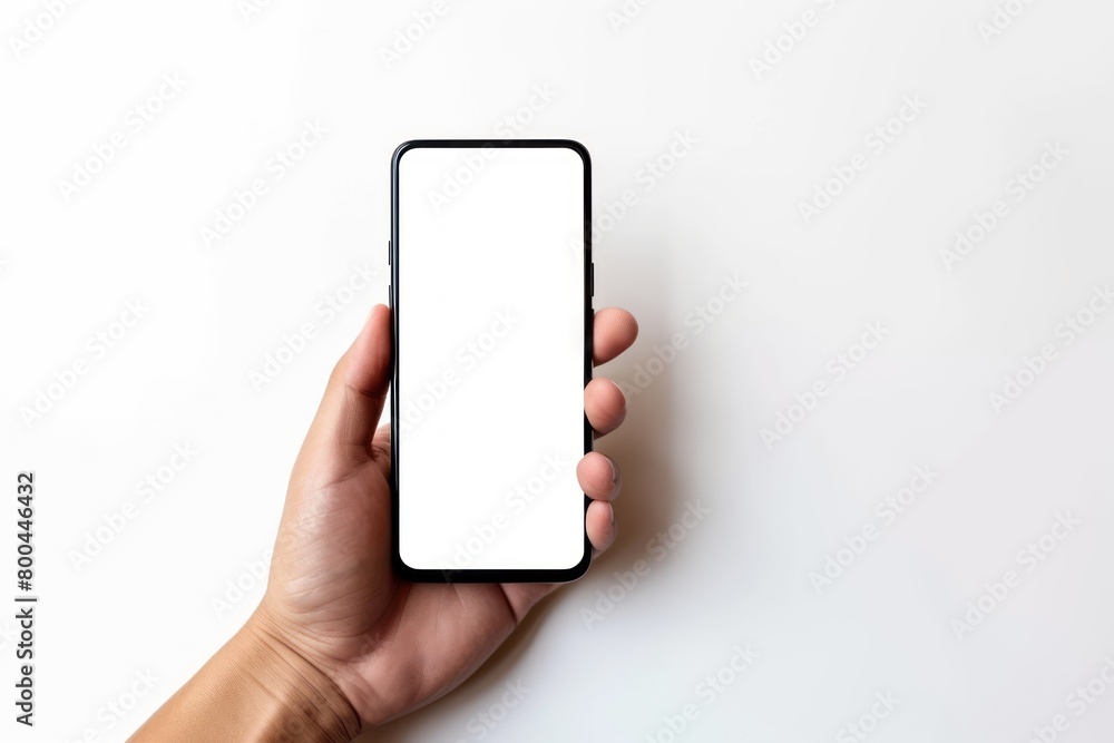 A hand holding a cell phone with a white background