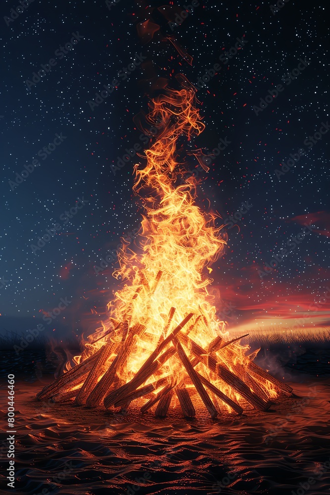 A large bonfire burns on a beach at night. The flames reach high into the sky,