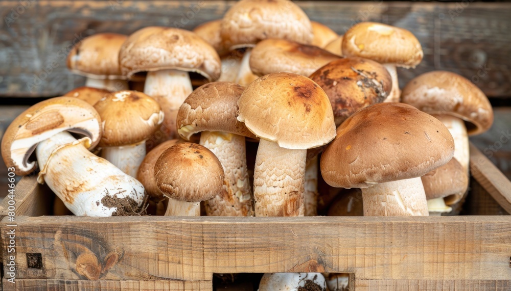 Wooden box filled with edible mushrooms, a staple food ingredient in cuisine Wooden box filled with edible mushrooms, a staple food ingredient in cuisine