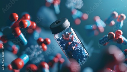 A bottle holds red and blue pills among others of similar colors photo
