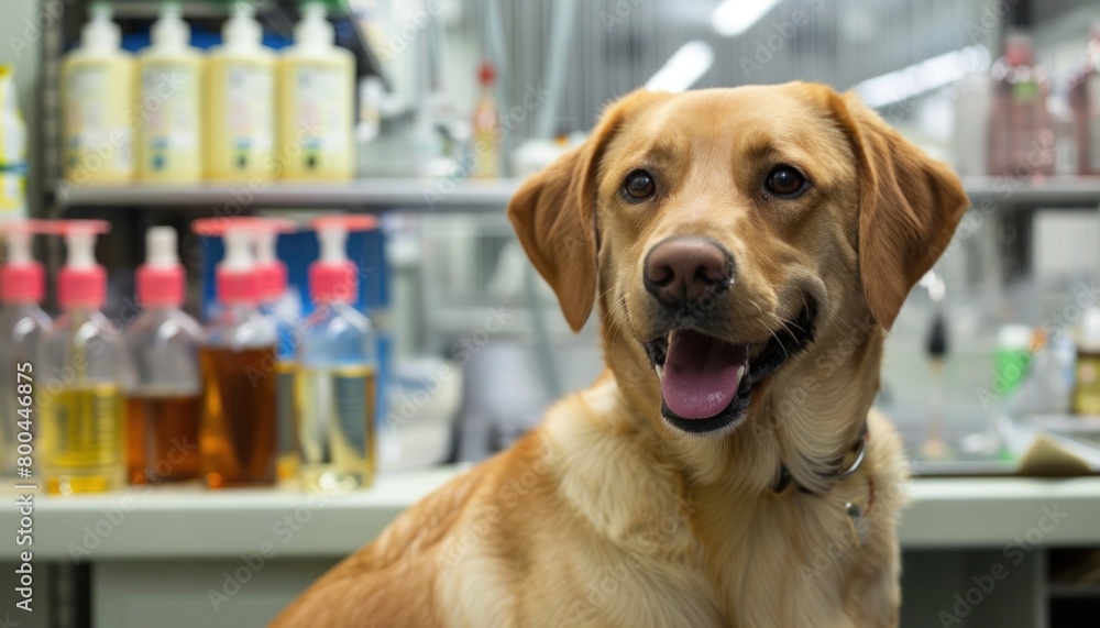 Companion dog sitting on table in lab, gazing at camera