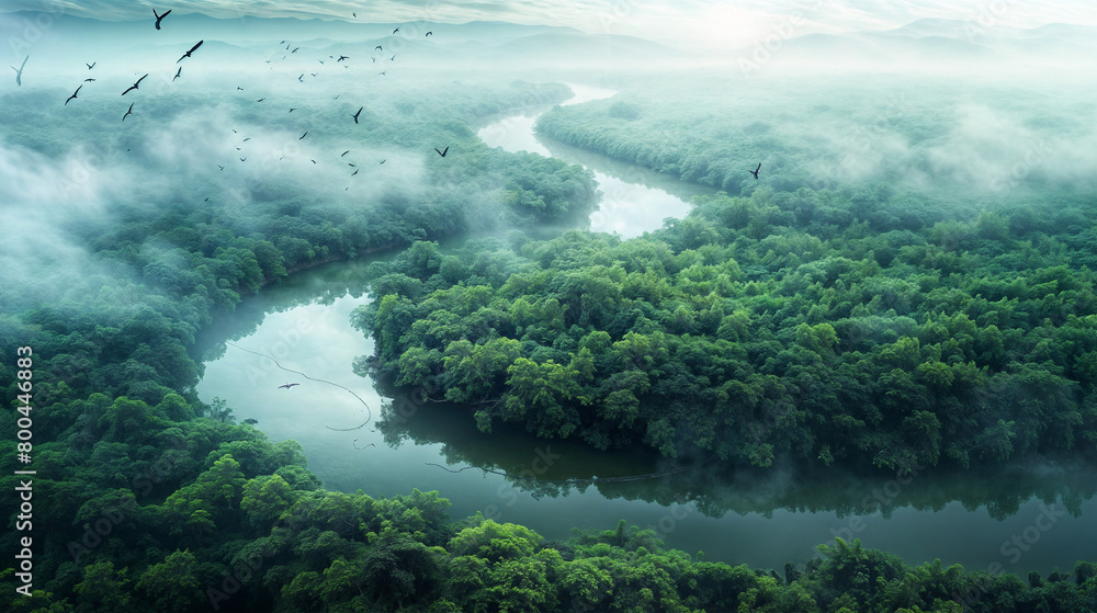 A river with a forest on either side. The sky is cloudy and the birds are flying