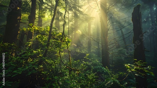 Sunbeams pierce a lush forest unveiling nature s serene mystery photo