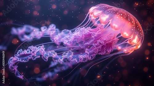 Luminous pink jellyfish floating in a deep sea environment