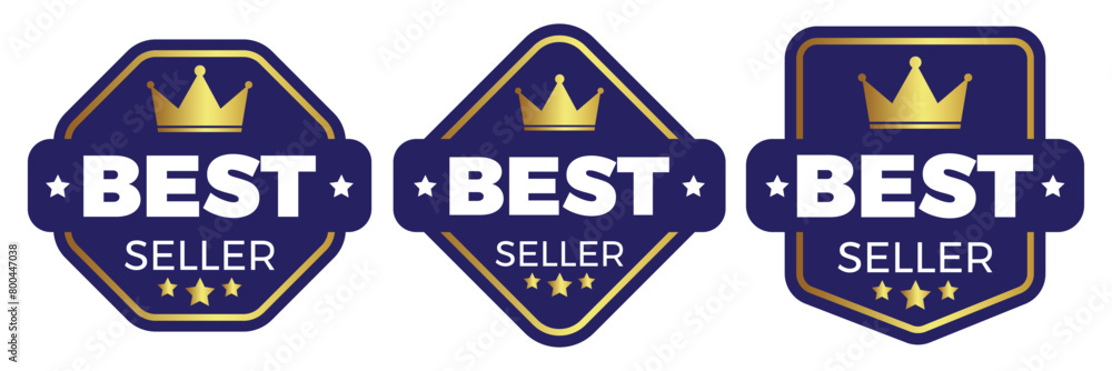 Obraz premium Best seller sticker label set with gold medal and blue ribbon isolated fit for mark best seller product, book cover label. Vector premium quality gold emblems with stars, crowns and metal look. 11:11