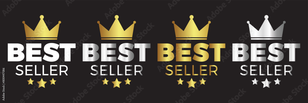 Best seller golden labels, award seal, medal badges. Company or brand product tags or stamps luxury design isolated set. Vector premium quality gold tag with stars, crowns and metal look. 11:11