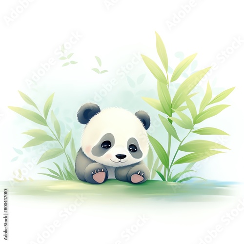 A cute watercolor illustration of a baby panda sitting in a bamboo forest