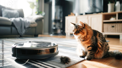A cat watches a robot vacuum cleaner with interest  highlighting the interaction between pets and smart home devices. The concept of cleaning  cleanliness and hygiene in modern home