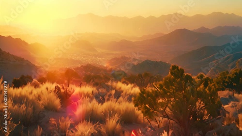 The sun majestically sets over the rugged desert mountains, casting a warm golden glow on the desert landscape, A blend of cool and warm hues emulating a desert at sunset photo