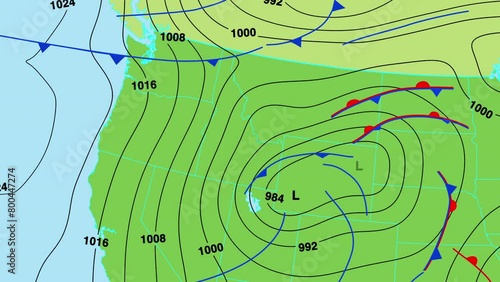 Animated weather forecast map of north west United States of America with isobars, cold and warm fronts, high and low pressure systems.