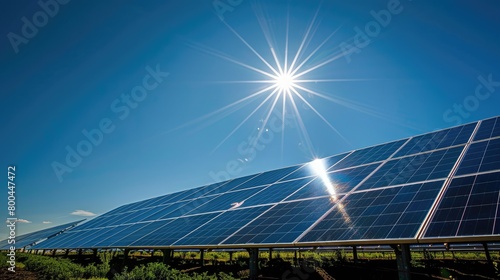 A vast solar power station with rows of blue panels gleams in the sunlight
