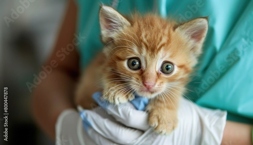 Person holding a small domestic shorthaired orange kitten