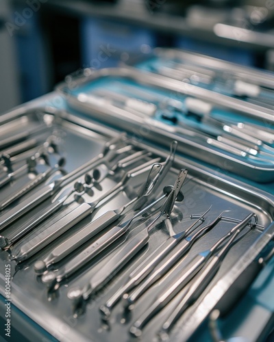 a close up of a tray of surgical instruments on a table photo