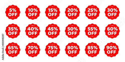 Percentage discount offer sale tags set in rounded zig zag circle in red color with stars. Discount sale off tag, 50, 20, 10, 40, 30, 60, 70, 45, 90, 5, 15 percent. Flat offer stamp, sticker clearance photo